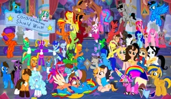 Size: 7945x4619 | Tagged: safe, artist:shieldwingarmorofgod, derpibooru import, sunny starscout, oc, oc:allie, oc:ej, oc:fidget, oc:firey ratchet, oc:flare spark, oc:jade harmony, oc:jemima sparkle, oc:mickey motion, oc:oliver featherwing, oc:princess kincade, oc:rogan, oc:shane park, oc:shield wing, oc:star armour, oc:train track, g4, g5, g5 to g4, generation leap, image, png, school of friendship, screencap background