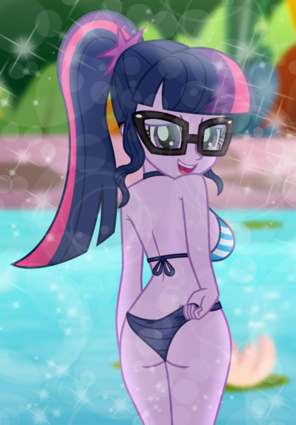 Size: 4926x7068 | Tagged: safe, artist:emeraldblast63, derpibooru import, sci-twi, twilight sparkle, equestria girls, g4, ass, bikini, butt, clothes, commission, image, png, sci-twi swimsuit, sci-twibutt, swimsuit, twibutt