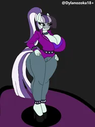 Size: 3072x4096 | Tagged: suggestive, artist:dylanozoka18, derpibooru import, coloratura, anthro, earth pony, plantigrade anthro, g4, belt, big breasts, breasts, busty coloratura, button-up shirt, choker, cleavage, clothes, countess coloratura, denim, eyelashes, female, green eyes, hair wrap, hand on hip, high heels, hips, image, jeans, mint coat, pants, png, ponytail, shirt, shoes, simple background, smiling, smirk, solo, tail, thighs, thunder thighs, two toned hair, two toned tail, veil, wide hips