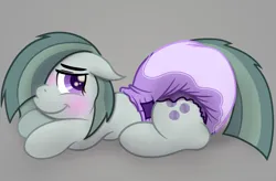 Size: 3600x2368 | Tagged: safe, artist:sweetielover, derpibooru import, marble pie, earth pony, pony, g4, blushing, cute, diaper, diaper fetish, female, fetish, floppy ears, high res, image, looking at you, lying down, png, poofy diaper, prone, sitting, smiling, smiling at you, solo