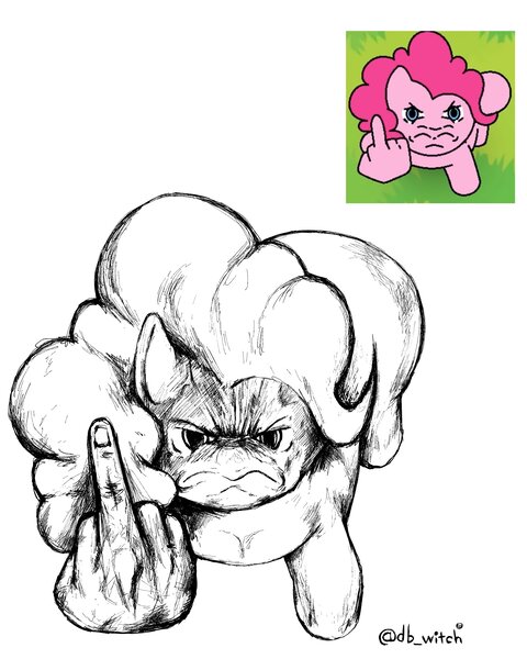 Size: 2553x3192 | Tagged: safe, artist:db_witch, artist:tamers12345, derpibooru import, pinkie pie, earth pony, pony, g4, finger, image, jpeg, meme, middle finger, pony with hands, sketch, vulgar