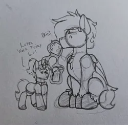 Size: 2685x2616 | Tagged: safe, artist:drheartdoodles, derpibooru import, oc, oc:dr.heart, oc:golden heart, clydesdale, pegasus, unicorn, concave belly, duo, horn, image, jpeg, magic, mug, size difference, telekinesis