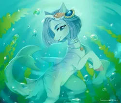 Size: 3322x2822 | Tagged: safe, artist:noemint, derpibooru import, oc, oc:fresh mintshine, unofficial characters only, hybrid, merpony, original species, pony, shark, shark pony, g4, algae, blue eyes, blue mane, blue tail, blushing, bubble, coral, crepuscular rays, cute, digital art, dorsal fin, fangs, female, fin, fins, fish tail, flowing mane, flowing tail, gem, happy, image, jewelry, jpeg, looking at you, mare, necklace, ocean, open mouth, open smile, pearl necklace, reef, scales, seashell, seaweed, signature, smiling, smiling at you, solo, sunlight, swimming, tail, teeth, trade, underwater, unshorn fetlocks, water