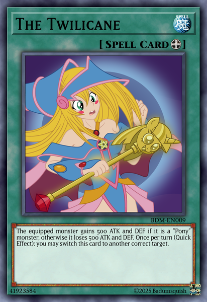 Size: 813x1185 | Tagged: safe, artist:badumsquish, derpibooru import, human, g4, card, card game, ccg, clothes, confused, dark background, dark magician girl, derpibooru exclusive, equip spell card, female, glow, hat, holding, image, makeup, pentagram, png, scared, scepter, skirt, smiling, spell card, spreading, trading card, twilight scepter, yu-gi-oh!, yugioh card