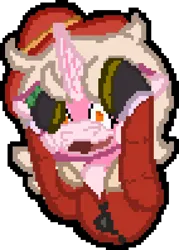 Size: 568x792 | Tagged: safe, artist:bloonacorn, derpibooru import, oc, oc:bloona blazes, unicorn, bust, digital art, hat, horn, image, pixel art, png, simple background, team fortress 2, transparent background, unicorn oc