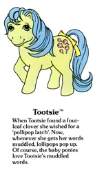 Size: 550x1000 | Tagged: safe, derpibooru import, official, tootsie, earth pony, pony, g1, bow, closed mouth, cute, diatoots, female, g1 backstory, image, jpeg, mare, my little pony fact file, raised hoof, smiling, solo, tail, tail bow, text