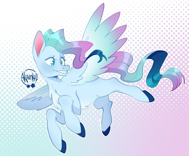 Size: 2000x1652 | Tagged: safe, artist:akaunkel, derpibooru import, oc, oc:winter aurora, unofficial characters only, pegasus, pony, colored wings, female, flying, gradient mane, gradient wings, image, jpeg, mare, signature, smiling, solo, spread wings, wings