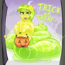 Size: 4086x4071 | Tagged: suggestive, artist:czu, derpibooru import, oc, oc:lemon drop, goo, goo pony, hybrid, lamia, original species, slimia, blushing, commissioner:lemondrop, dialogue, drool, fangs, halloween, holiday, image, implied vore, kitchen eyes, looking at you, moon, night, open mouth, png, species swap, trick or treat