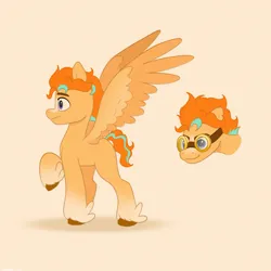 Size: 2480x2480 | Tagged: safe, artist:starburstuwu, derpibooru import, oc, oc:starburst (starburstuwu), unofficial characters only, pegasus, pony, aviator goggles, feathered fetlocks, goggles, goggles on head, high res, image, jpeg, male, orange background, race swap, raised hoof, simple background, solo, stallion