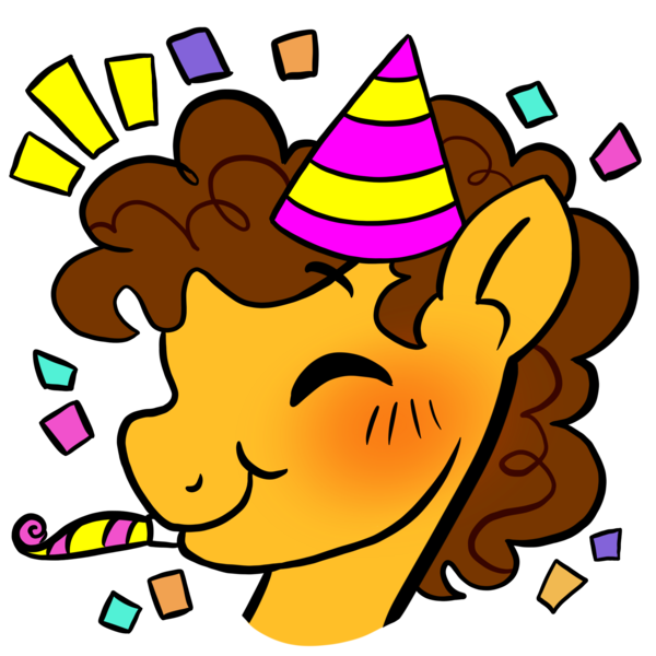 Size: 2048x2048 | Tagged: safe, artist:eatingsomegreeneggos, derpibooru import, cheese sandwich, earth pony, pony, g4, blushing, bust, confetti, emanata, eyes closed, hat, image, male, noisemaker, party hat, png, portrait, simple background, smiling, solo, stallion, transparent background