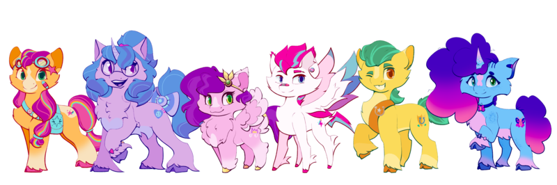 Size: 2650x882 | Tagged: safe, artist:k1ttygam3r, derpibooru import, hitch trailblazer, izzy moonbow, pipp petals, sunny starscout, zipp storm, earth pony, pegasus, pony, unicorn, g5, applejack (g5), band-aid on cheek, band-aid on nose, bandaid, belly fluff, blaze (coat marking), bow, bracelet, butt fluff, chest fluff, choker, cloven hooves, coat markings, diadem, ear freckles, ear piercing, facial markings, female, fluffy, fluttershy (g5), freckles, friendship bracelet, gap teeth, glasses, goggles, goggles on head, grin, group, horn, image, izzy's glasses, jewelry, leg fluff, leg freckles, looking at you, looking sideways, male, mane five, mane six (g5), mane stripe sunny, mare, misty brightdawn, one eye closed, open mouth, open smile, piercing, pinkie pie (g5), png, rainbow dash (g5), raised hoof, rarity (g5), rebirth misty, redesign, regalia, sextet, sheriff's badge, shoulder freckles, simple background, smiling, smiling at you, spread wings, stallion, sunny's bag, tail, tail bow, transparent background, twilight sparkle (g5), unshorn fetlocks, wings, wink, winking at you