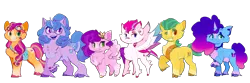 Size: 2650x882 | Tagged: safe, artist:k1ttygam3r, derpibooru import, hitch trailblazer, izzy moonbow, pipp petals, sunny starscout, zipp storm, earth pony, pegasus, pony, unicorn, g5, applejack (g5), band-aid on cheek, band-aid on nose, bandaid, belly fluff, blaze (coat marking), bow, bracelet, butt fluff, chest fluff, choker, cloven hooves, coat markings, diadem, ear freckles, ear piercing, facial markings, female, fluffy, fluttershy (g5), freckles, friendship bracelet, gap teeth, glasses, goggles, goggles on head, grin, group, horn, image, izzy's glasses, jewelry, leg fluff, leg freckles, looking at you, looking sideways, male, mane five, mane six (g5), mane stripe sunny, mare, misty brightdawn, one eye closed, open mouth, open smile, piercing, pinkie pie (g5), png, rainbow dash (g5), raised hoof, rarity (g5), rebirth misty, redesign, regalia, sextet, sheriff's badge, shoulder freckles, simple background, smiling, smiling at you, spread wings, stallion, sunny's bag, tail, tail bow, transparent background, twilight sparkle (g5), unshorn fetlocks, wings, wink, winking at you