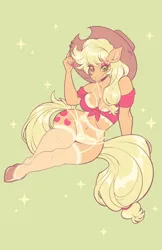 Size: 3300x5100 | Tagged: safe, artist:spookieghoulie, derpibooru import, part of a set, applejack, anthro, earth pony, unguligrade anthro, g4, absurd resolution, applebucking thighs, applejack's hat, breasts, cleavage, clothes, cowboy hat, eyeshadow, female, front knot midriff, garter belt, hat, image, lingerie, looking at you, makeup, midriff, png, simple background, sitting, smiling, solo, thighs, thunder thighs