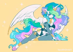 Size: 2450x1750 | Tagged: suggestive, artist:spookieghoulie, derpibooru import, part of a set, princess celestia, alicorn, anthro, unguligrade anthro, g4, bedroom eyes, clothes, ear piercing, eyeshadow, female, garter belt, grin, high res, image, jewelry, kneeling, lingerie, makeup, nail polish, piercing, png, regalia, simple background, smiling, socks, solo, spread wings, stockings, thigh highs, wings