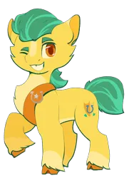 Size: 926x1279 | Tagged: safe, artist:k1ttygam3r, derpibooru import, hitch trailblazer, earth pony, pony, g5, chest fluff, gap teeth, grin, image, looking at you, male, one eye closed, png, raised hoof, redesign, sheriff's badge, simple background, smiling, solo, stallion, tail, transparent background, unshorn fetlocks, wink, winking at you