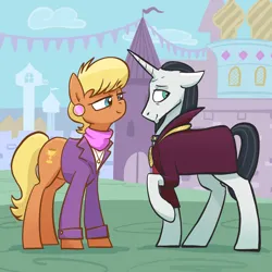 Size: 2048x2048 | Tagged: safe, artist:pfeffaroo, derpibooru import, chancellor neighsay, ms. harshwhinny, earth pony, pony, unicorn, g4, bashful, canterlot, cloak, clothes, crack shipping, duo, duo male and female, female, floppy ears, harshneigh, high res, horn, image, jacket, looking at someone, looking away, looking sideways, male, mare, outdoors, png, raised hoof, shipping, smiling, stallion, standing, straight, street