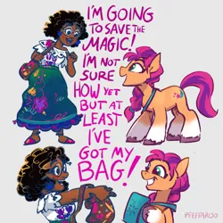 Size: 2096x2096 | Tagged: safe, artist:pfeffaroo, derpibooru import, sunny starscout, earth pony, human, pony, g5, my little pony: a new generation, bag, crossover, disney, duo, duo female, encanto, female, glasses, grin, high res, image, looking at each other, looking at someone, mare, mirabel madrigal, open mouth, open smile, png, satchel, signature, smiling, twilight sparkle's cutie mark, unshorn fetlocks