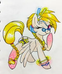 Size: 1086x1280 | Tagged: safe, artist:mintytreble, derpibooru import, golden feather, princess celestia, pegasus, pony, g4, spoiler:comic, spoiler:comic65, disguise, female, flower, flower in hair, glasses, image, jpeg, mare, one eye closed, simple background, solo, traditional art, white background, wink