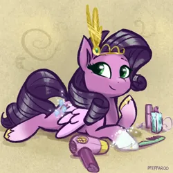 Size: 2048x2048 | Tagged: safe, artist:pfeffaroo, derpibooru import, pipp petals, rarity, pegasus, pony, g4, g5, adorapipp, alternate hairstyle, beautiful, comb, cute, diadem, eyebrows, female, g4 to g5, generation leap, hair dryer, high res, image, jewelry, looking at you, lying down, mare, pipp and her heroine, png, prone, rarity's hair, regalia, signature, smiling, smiling at you, solo, succession, the new rarity, unshorn fetlocks