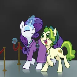 Size: 2048x2048 | Tagged: safe, artist:pfeffaroo, derpibooru import, pistachio, rarity, earth pony, pony, unicorn, g4, amazed, barrier, belt barrier, blushing, bolo tie, clothes, colt, cowboy hat, cute, dress, duo, duo male and female, eyes closed, eyeshadow, female, foal, freckles, glow, glowing horn, happy, hat, high res, horn, image, magic, magic aura, makeup, male, mare, open mouth, open smile, pistachiaww, png, raised hoof, raised leg, smiling, stallion, standing on two hooves, starry eyes, stetson, teenager, telekinesis, walking, wingding eyes