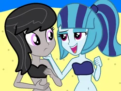 Size: 900x680 | Tagged: safe, artist:jadeharmony, derpibooru import, octavia melody, sonata dusk, human, equestria girls, g4, alternate hairstyle, base used, beach, bikini, bra, clothes, cute, duo, eyeshadow, female, flirting, hand under chin, image, lesbian, lidded eyes, looking at each other, looking at someone, makeup, ocean, open mouth, open smile, png, ponytail, sand, ship:sontavia, shipping, smiling, sonatabetes, swimsuit, tavibetes, underwear, water