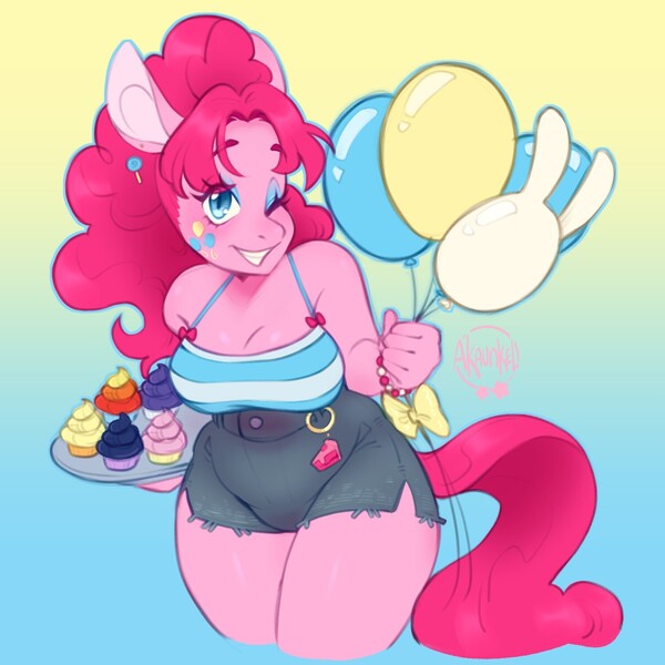 Size: 1500x1500 | Tagged: safe, artist:akaunkel, derpibooru import, pinkie pie, anthro, earth pony, pony, g4, balloon, big breasts, breasts, busty pinkie pie, cleavage, clothes, cupcake, eyeshadow, female, food, gradient background, grin, image, implied applejack, implied fluttershy, implied rainbow dash, implied rarity, implied twilight sparkle, jpeg, looking at you, makeup, mare, one eye closed, shorts, signature, smiling, smiling at you, solo, wide hips, wink, winking at you