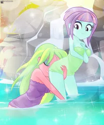 Size: 1985x2397 | Tagged: suggestive, artist:charliexe, ponerpics import, lemon zest, sunny flare, equestria girls, breasts, duo, duo female, eye closed, female, hot springs, image, jpeg, towel