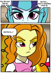 Size: 2480x3507 | Tagged: safe, artist:rex-equinox, derpibooru import, adagio dazzle, sonata dusk, human, comic:sonata in blue, equestria girls, g4, comic, dialogue, female, high res, image, png, post-transformation, speech bubble, transformation, waitress