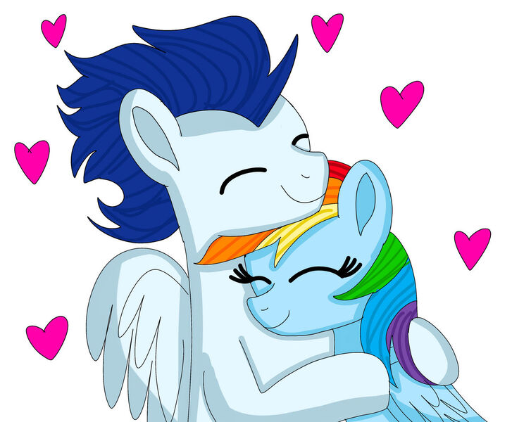 Size: 1280x1019 | Tagged: safe, artist:mrsdashskies, derpibooru import, rainbow dash, soarin', pegasus, pony, g4, female, hug, image, jpeg, male, mare, shipping, soarindash, stallion, straight