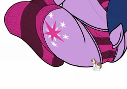 Size: 2048x1448 | Tagged: suggestive, artist:shakey_kyane929, derpibooru import, twilight sparkle, oc, oc:shakerato, pony, g4, butt, butt focus, clothes, dock, female, giant pony, giant twilight sparkle, giantess, image, jpeg, macro, macro/micro, mare, micro, panties, rear view, simple background, sitting, socks, striped panties, striped socks, striped underwear, tail, twibutt, underwear, white background