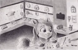 Size: 1200x782 | Tagged: safe, artist:nedemai, derpibooru import, izzy moonbow, pony, unicorn, g5, bipedal, bipedal leaning, crafting, crafting corner, female, grayscale, horn, image, jpeg, leaning, mare, monochrome, pencil drawing, solo, traditional art