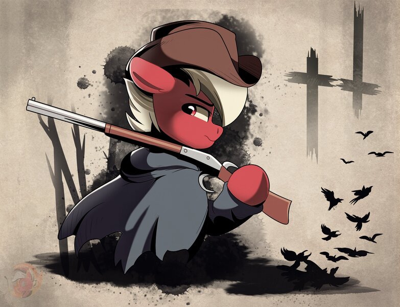 Size: 3349x2566 | Tagged: safe, artist:joaothejohn, derpibooru import, oc, oc:flamebrush, pegasus, pony, background minimalist, clothes, cowboy hat, crows, fanart, game, hat, hood, hunt showdown, image, jpeg, looking back, pegasus oc, side view, weapon, western, wings