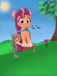 Size: 3072x4096 | Tagged: safe, artist:sunsetshimmersus, derpibooru import, sunny starscout, earth pony, pony, g5, bench, blushing, cute, female, flower, humming, image, mane stripe sunny, mare, music notes, outdoors, png, solo, sunnybetes, tree