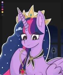 Size: 2160x2576 | Tagged: safe, artist:robin, derpibooru import, twilight sparkle, twilight sparkle (alicorn), alicorn, pony, g4, black background, color palette, crown, ear fluff, female, image, indoors, jewelry, jpeg, mare, medallion, necklace, night, older, older twilight, older twilight sparkle (alicorn), outline, regalia, signature, simple background, smiling, solo, stars, streetlight, upper body, white outline, window