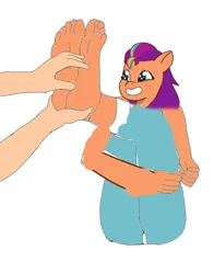 Size: 554x707 | Tagged: dead source, suggestive, derpibooru import, sunny starscout, oc, anthro, earth pony, human, g5, my little pony: tell your tale, 1000 hours in ms paint, hand, image, offscreen character, png, simple background, smiling, tickling, white background