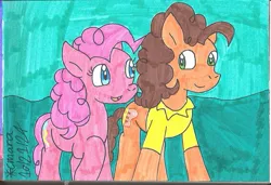 Size: 1191x816 | Tagged: safe, artist:cmara, derpibooru import, cheese sandwich, pinkie pie, earth pony, pony, g4, cheesepie, duo, duo male and female, female, image, jpeg, male, raised hoof, shipping, straight, traditional art