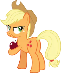 Size: 5000x5922 | Tagged: safe, artist:dashiesparkle, artist:gwennie-chan, artist:jonesdylan874, derpibooru import, applejack, earth pony, pony, g4, going to seed, angry, apple, applebutt, butt, flank, food, frown, holding, image, inkscape, looking back, my little pony, png, simple background, solo, transparent background, vector