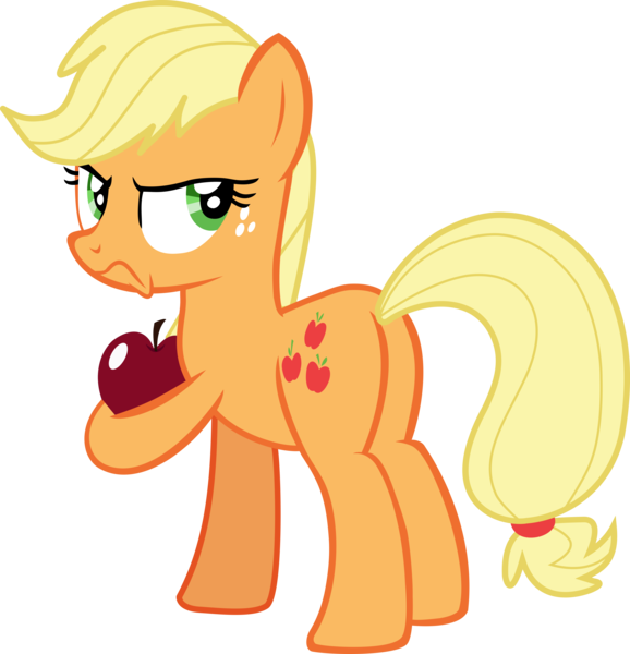 Size: 5000x5191 | Tagged: safe, artist:dashiesparkle, artist:gwennie-chan, artist:jonesdylan874, derpibooru import, applejack, earth pony, pony, g4, going to seed, angry, apple, applebutt, butt, flank, food, frown, hatless, holding, image, inkscape, looking back, missing accessory, my little pony, png, simple background, solo, transparent background, vector