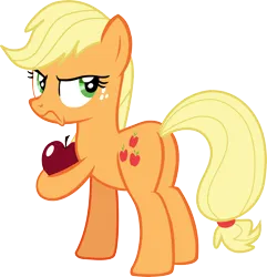 Size: 5000x5191 | Tagged: safe, artist:dashiesparkle, artist:gwennie-chan, artist:jonesdylan874, derpibooru import, applejack, earth pony, pony, g4, going to seed, angry, apple, applebutt, butt, flank, food, frown, hatless, holding, image, inkscape, looking back, missing accessory, my little pony, png, simple background, solo, transparent background, vector