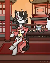 Size: 795x1000 | Tagged: safe, artist:taoyvfei, derpibooru import, tofu, oc, oc:taoyvfei, pony, unicorn, g4, bubble, cake, curved horn, flower, food, han chinese clothing, horn, image, png, stimulate, tea, unicorn oc, vase, water