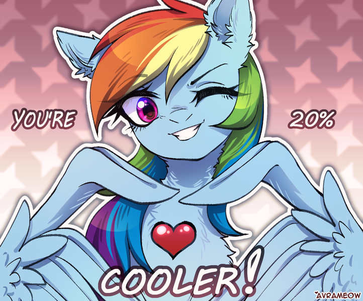 Size: 1715x1425 | Tagged: safe, artist:avrameow, derpibooru import, rainbow dash, pegasus, pony, g4, 20% cooler, chest fluff, cooler, gradient background, heart, heart wings, image, one eye closed, patterned background, png, solo, wing hands, wings