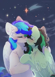 Size: 2142x3000 | Tagged: safe, artist:twinkeeees, derpibooru import, oc, oc:eden shallowleaf, oc:lighty, unofficial characters only, pegasus, eyes closed, image, jpeg, kissing, night, oc x oc, pegasus oc, shipping, sky, stars, wings