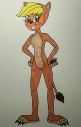 Size: 2570x4028 | Tagged: safe, artist:dylanwayneburk, derpibooru import, applejack, human, equestria girls, g4, scare master, season 5, animal costume, applelion, clothes, costume, female, grin, halloween, halloween costume, holiday, image, jpeg, lion costume, lioness, my little pony, nightmare night costume, simple background, smiling, solo, traditional art