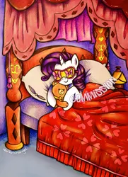 Size: 2209x3054 | Tagged: safe, artist:dariarchangel, derpibooru import, rarity, pony, unicorn, g4, bed, bedroom, blanket, bow, c:, carousel boutique, commission, complex background, curtains, cute, daaaaaaaaaaaw, detailed background, female, hnnng, hoof hold, horn, hug, image, indoors, jpeg, lamp, lying down, mare, obtrusive watermark, pillow, plushie, purple hair, purple mane, raribetes, rarity's bedroom, sleep mask, sleeping, smiling, solo, sweet dreams fuel, teddy bear, toy, traditional art, under blanket, watermark, weapons-grade cute, white coat