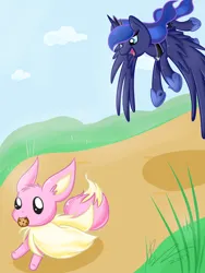 Size: 1600x2133 | Tagged: safe, artist:kitsunenight, derpibooru import, princess luna, eevee, pony, g4, cookie, food, image, mouth hold, png, pokémon