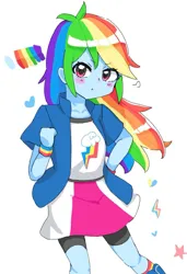 Size: 941x1375 | Tagged: safe, artist:ekurea_1, derpibooru import, rainbow dash, human, equestria girls, g4, :<, blushing, clothes, compression shorts, cutie mark, cutie mark on clothes, eye clipping through hair, female, hand on hip, image, jacket, jpeg, looking at you, simple background, skirt, solo, white background