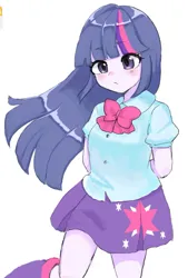 Size: 993x1471 | Tagged: safe, artist:ekurea_1, derpibooru import, twilight sparkle, human, equestria girls, g4, bowtie, clothes, cutie mark, cutie mark on clothes, eyebrows, eyebrows visible through hair, female, hands behind back, image, jpeg, leg warmers, looking at you, one leg raised, simple background, skirt, solo, white background