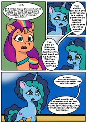 Size: 1131x1600 | Tagged: safe, artist:delilah1_riley, derpibooru import, sunny starscout, earth pony, pony, unicorn, comic:pipp the poltergeist, fanfic:pipp the poltergeist, g5, my little pony: tell your tale, comic, commission, dialogue, duo, duo female, fanfic art, female, horn, image, implied opaline arcana, implied pipp petals, jpeg, mane stripe sunny, mare, misty brightdawn, outdoors