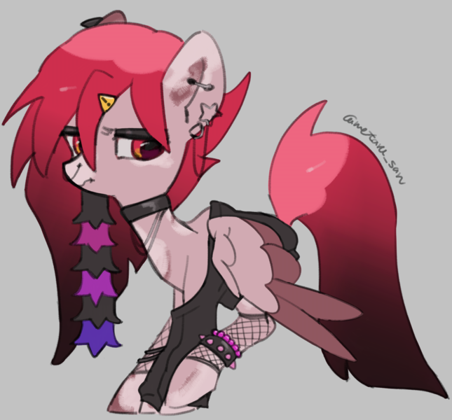 Size: 4096x3808 | Tagged: safe, artist:metaruscarlet, derpibooru import, oc, oc:metaru scarlet, unofficial characters only, pegasus, pony, accessory, anklet, clothes, collar, ear piercing, emo, gray background, hair extensions, hairpin, image, jewelry, lip piercing, makeup, nose piercing, pegasus oc, piercing, png, ponysona, simple background, solo, spotted, wings