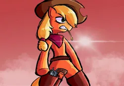 Size: 2360x1640 | Tagged: safe, artist:lemomew, derpibooru import, applejack, earth pony, pony, g4, applejack and rarity leave ponyville, bandana, gun, handgun, holster, image, jpeg, revolver, solo, straw in mouth, weapon